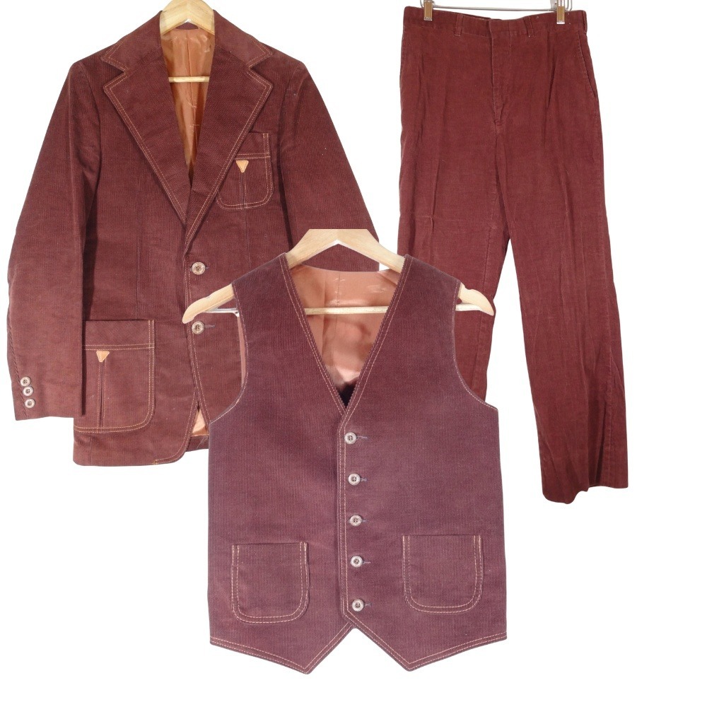VTG 70s Studio One 3-Piece Corduroy Suit Boys 36 Burgundy Brown Disco Retro